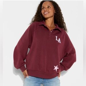 Zoe+ Liv - Women's LA Button-Front Graphic Pullover Sweatshir Burgundy Medium